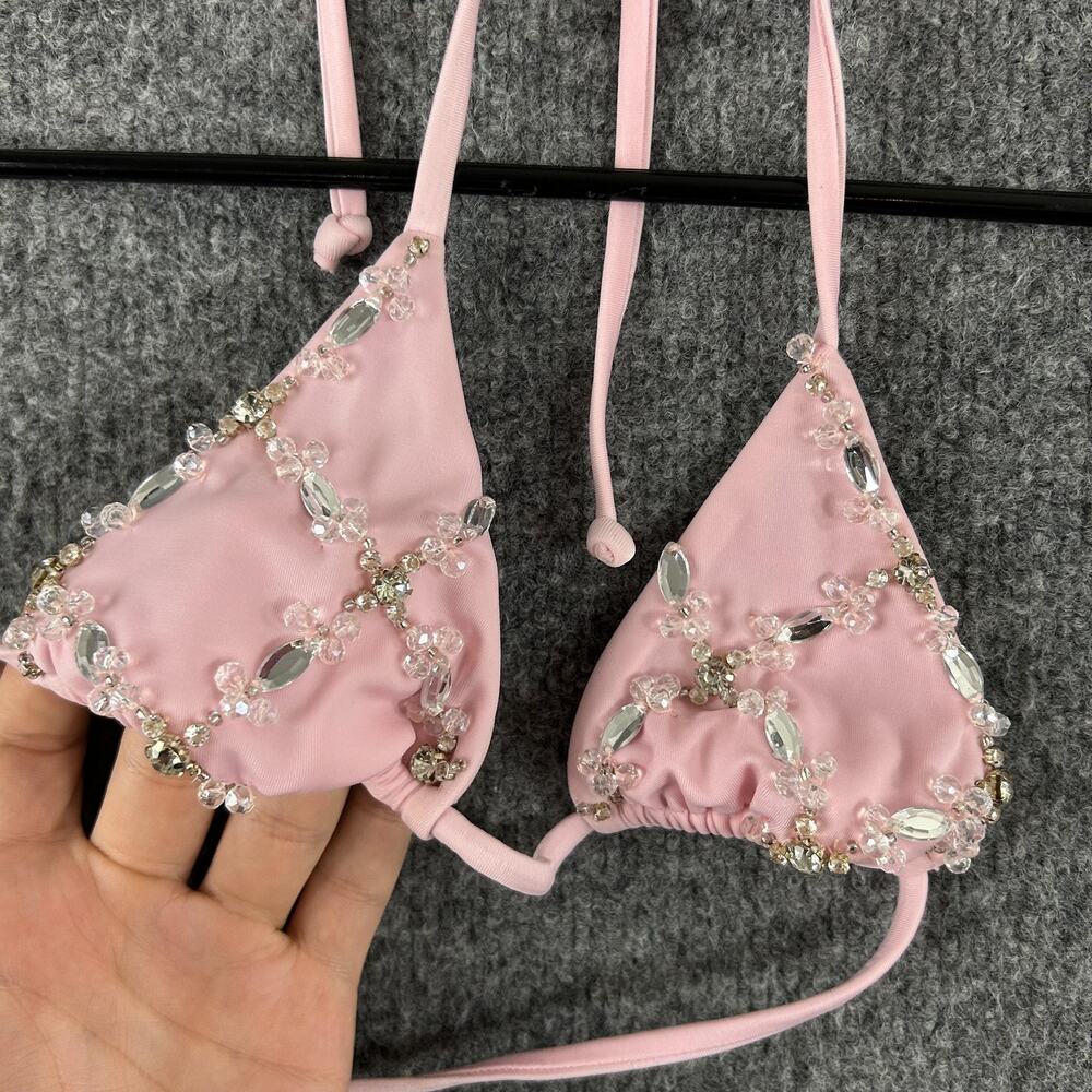 Oceanus Bikini Set XS Pink Embellished Triangle Top Bottom Rhinestone Beach Pool - Picture 3 of 12